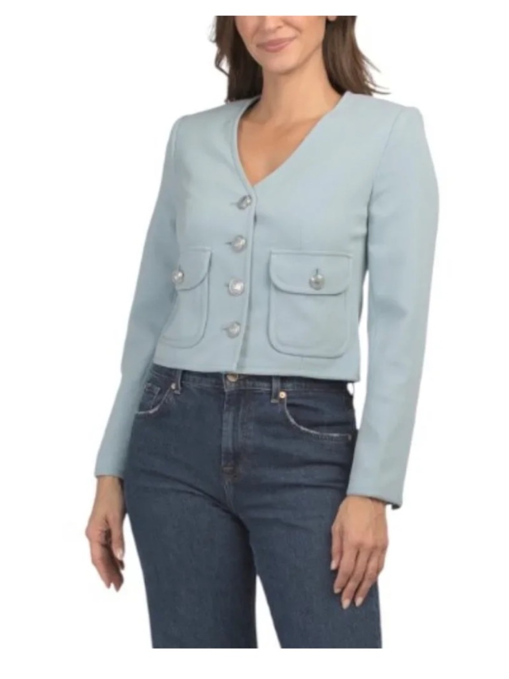 Elie Tahari Cropped Light Blue V-Neck Button Jacket Formal Business NWT